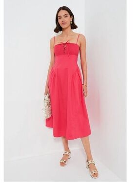 Smocked Midi Dress in Coral Pink with Adjustable Straps